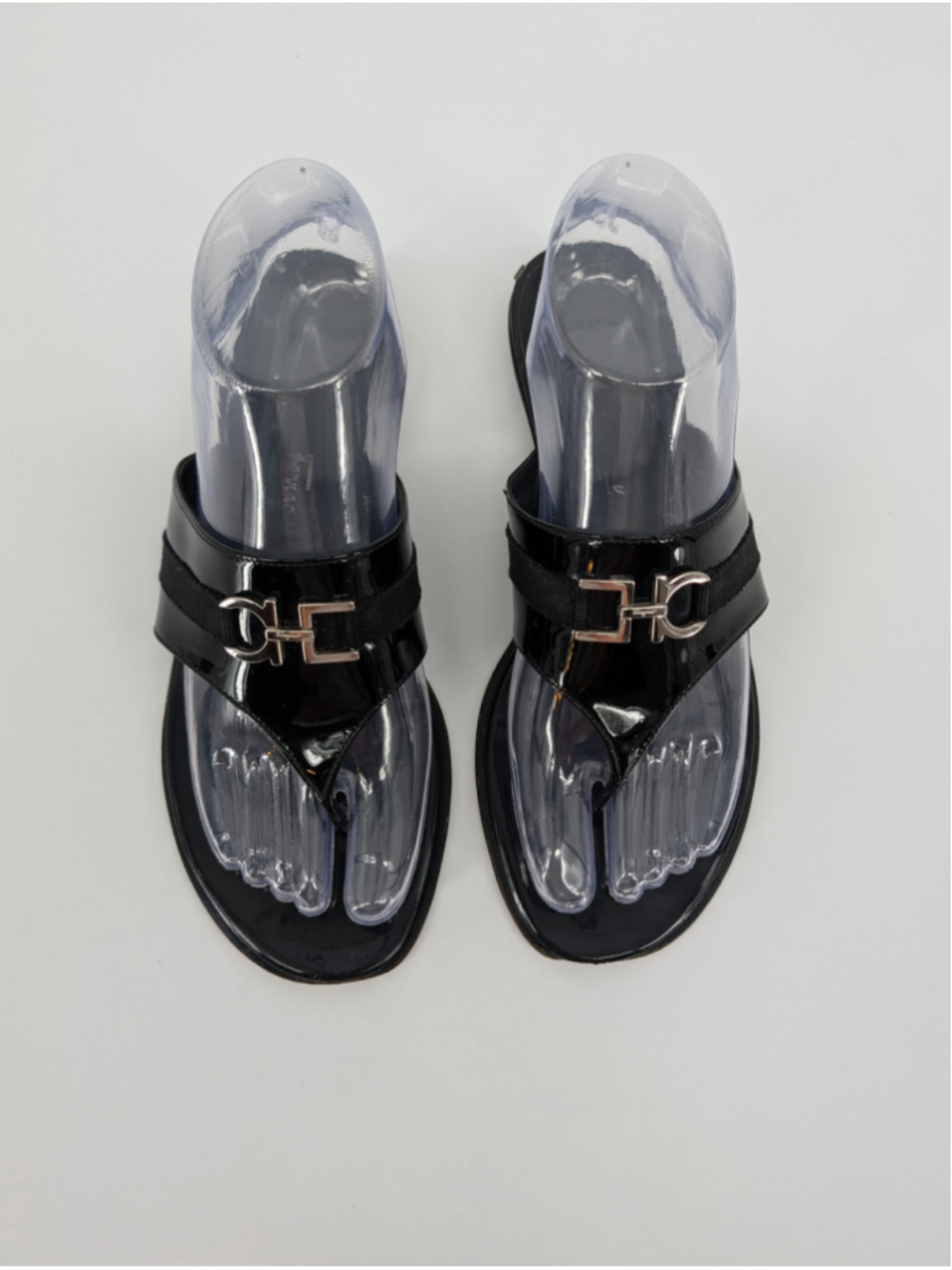 Salvatore Ferragamo Gancini Black Patent Thong Sandals Approx Sz 7 Italy